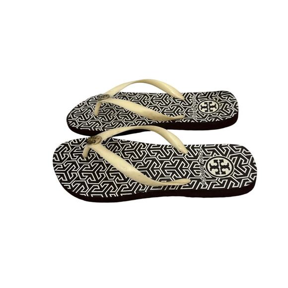 Tory Burch Sandals Cream Brown Thong Flip Flops Size Women's 7.5 - Picture 1 of 4